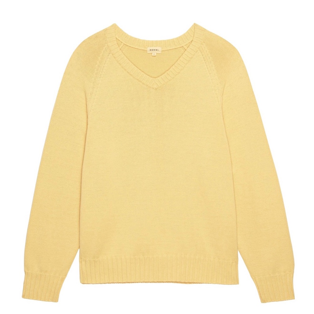 The Cotton Knit V-Neck Sweater in butter. XS
